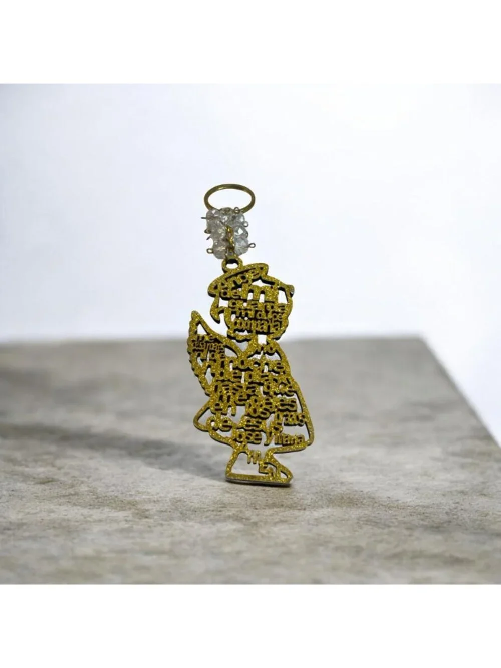 Gold Glitter Angel Keychain With Clear Beads & Intricate Prayer Design